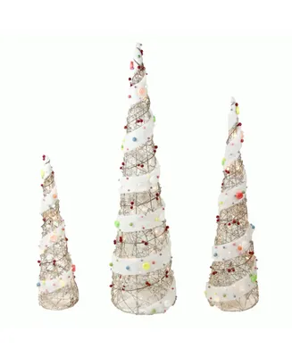 Northlight Set of 3 Lighted Champagne Gold Rattan Candy Covered Cone Tree Christmas Outdoor Decorations 39.25"