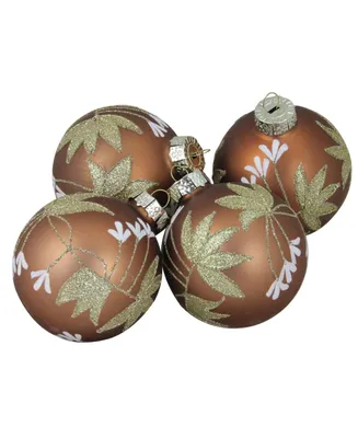 Northlight 4-Piece Set of Antique-Gold and White Floral Pattern on a Gold Glass Ball Christmas Ornaments 4" 100mm