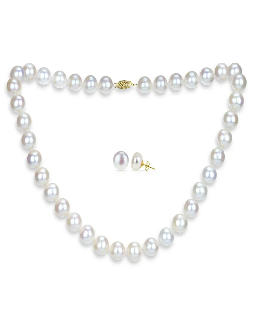 White Freshwater Cultured Pearl (11-11.5 mm) Strand Necklace and Stud Earrings Set in 14k Yellow Gold