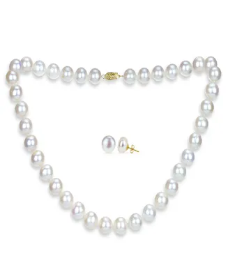 White Freshwater Cultured Pearl (11-11.5 mm) Strand Necklace and Stud Earrings Set in 14k Yellow Gold