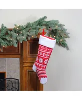 Northlight 21.5" Red and White Knitted Snowflake Christmas Stocking with Fleece Cuff