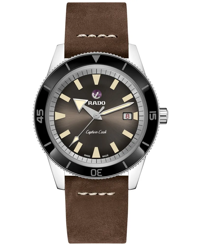 Rado Men's Swiss Automatic Captain Cook Traditional Brown Leather Strap Diver Watch 42mm