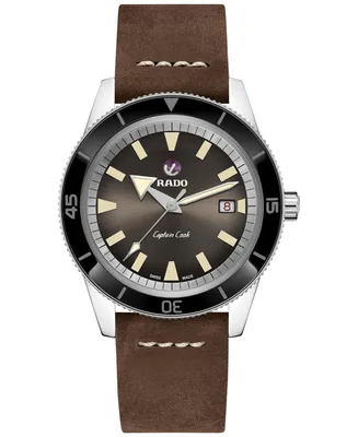 Rado Men's Swiss Automatic Captain Cook Traditional Brown Leather Strap Diver Watch 42mm
