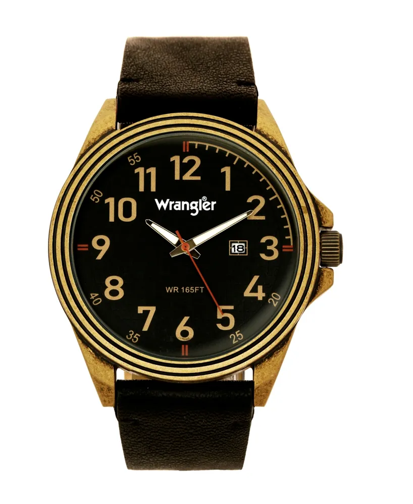 Wrangler Men's Watch, 48MM Antique Brass Case, Black Dial with Bronze Arabic Numerals, Brown Strap, Analog Watch, Red Second Hand, Date Function