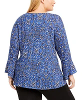 Ny Collection Plus Size Printed Tie-Waist Bell-Sleeve Top