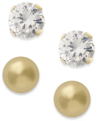 10k Gold Earring Set, Cubic Zirconia (7/8 ct. t.w.) and Ball Stud Earring Set