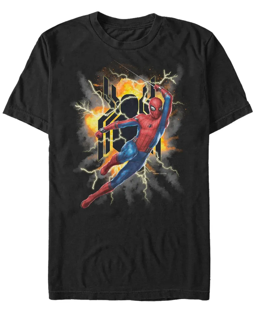 Marvel Men's Spider-Man Far From Home Exploding Logo Action Pose, Short Sleeve T-shirt