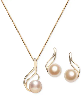 2-Pc. Set Cultured Freshwater Pearl 7mm) Swirl Pendant Necklace & Matching Stud Earrings Set in 18k Gold-Plated Sterling Silver