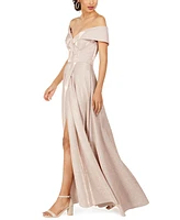 Xscape Women's Off-The-Shoulder Shimmer Wrap Style Gown