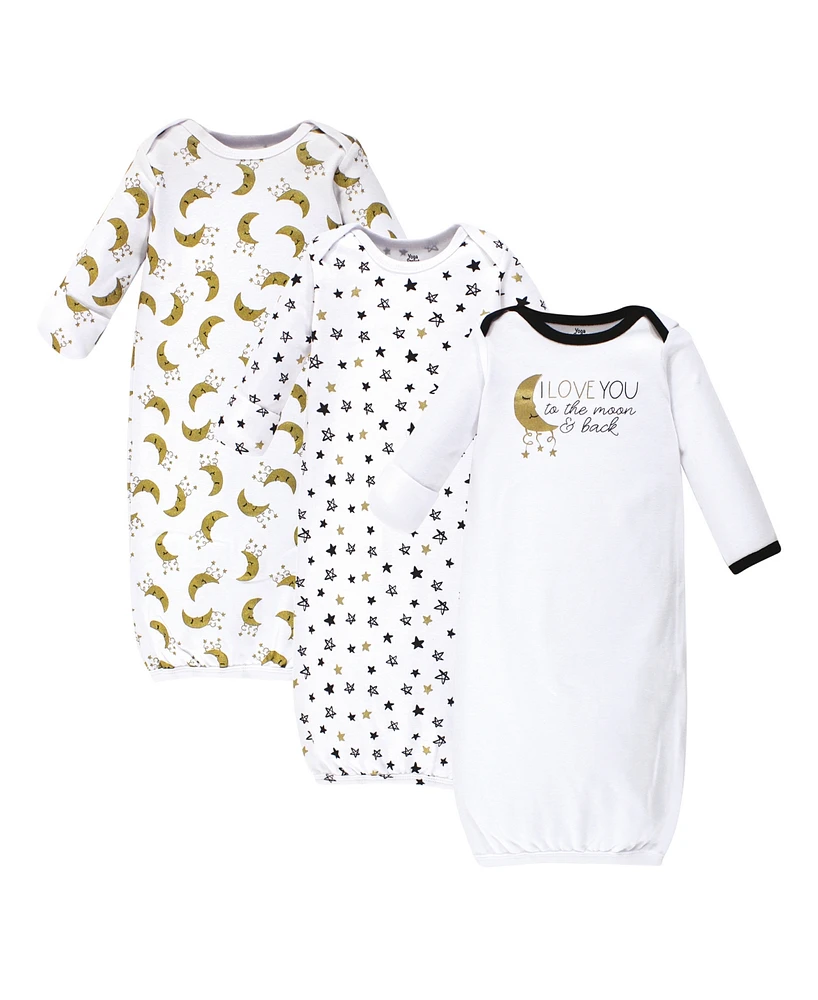 Yoga Sprout Baby Cotton Long-Sleeve Gowns 3pk, Metallic Moon