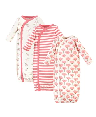 Touched by Nature Baby Girls Organic Cotton Side-Closure Snap Long-Sleeve Gowns 3pk, Tulip, Preemie