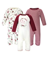 Touched by Nature Baby Girls Organic Cotton Coveralls 3pk, Holly Berry, 12-18 Months