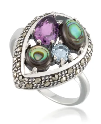 Marcasite and Amethyst (1-1/4 ct. tw.), Abalone (9/10 ct. t.w.) and Blue topaz (1/4 ct. t.w.) Teardrop Ring in Sterling Silver - Purple