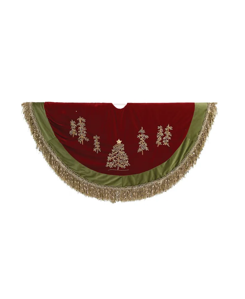 Kurt Adler 50-Inch Burgundy Ribbon Trees Tree skirt with Green Tassel Border