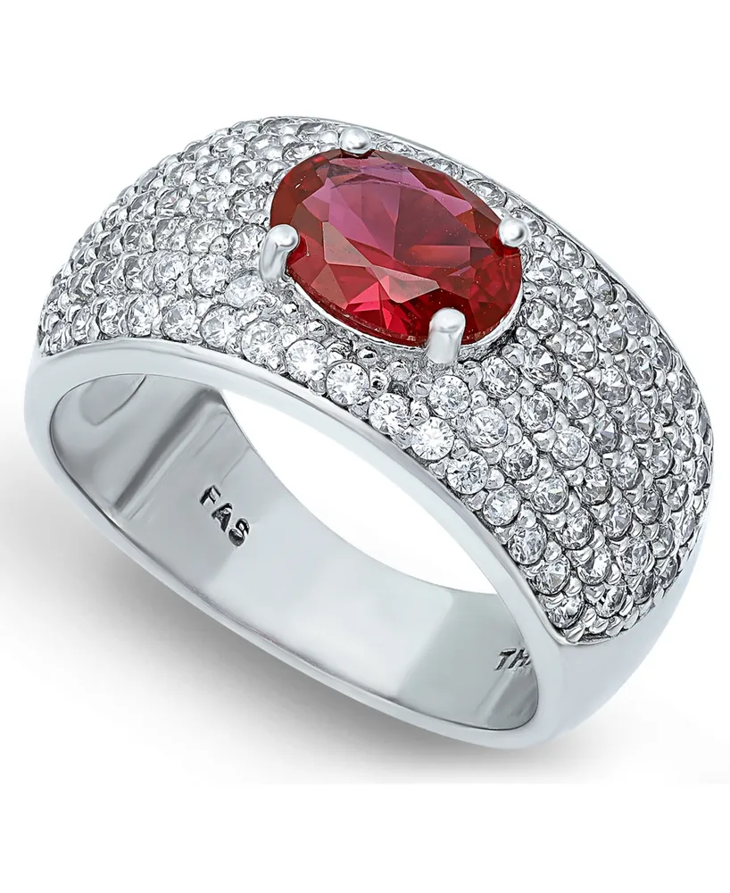 Cubic Zirconia Pave Band Ring with Red Cz Oval Center Prong Stone Silver Plate