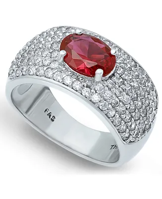 Cubic Zirconia Pave Band Ring with Red Cz Oval Center Prong Stone Silver Plate