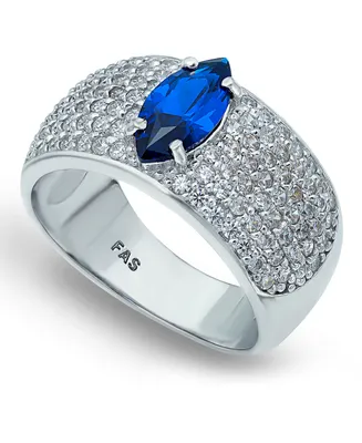 Cubic Zirconia Pave Band Ring with Blue Cz Marquise Center Prong Stone Silver Plate