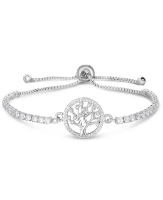 Cubic Zirconia Tree Of Life Adjustable Bolo Bracelet In Silver Plate