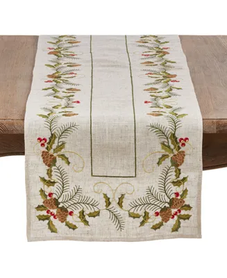 Saro Lifestyle Christmas Table Runner with Embroidered Pinecone and Holly Design