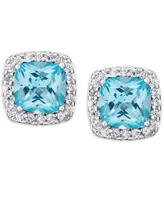 Birthstone Cushion Halo Solitaire Stud Earrings Silver Plate