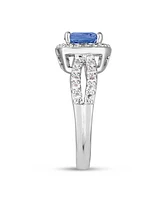 Simulated Birthstone Cushion Cubic Zirconia Halo Solitaire Ring Silver Plate