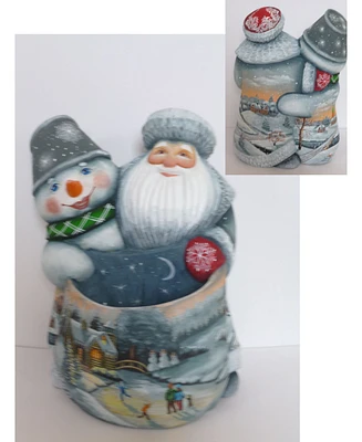 G.DeBrekht Woodcarved and Hand Painted Santa and Snowman Companions Bag Masterpiece Signature Figurine