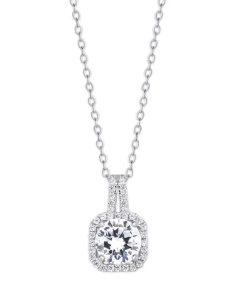 Cubic Zirconia Drop Cushion Pendant Necklace in Silver Plate
