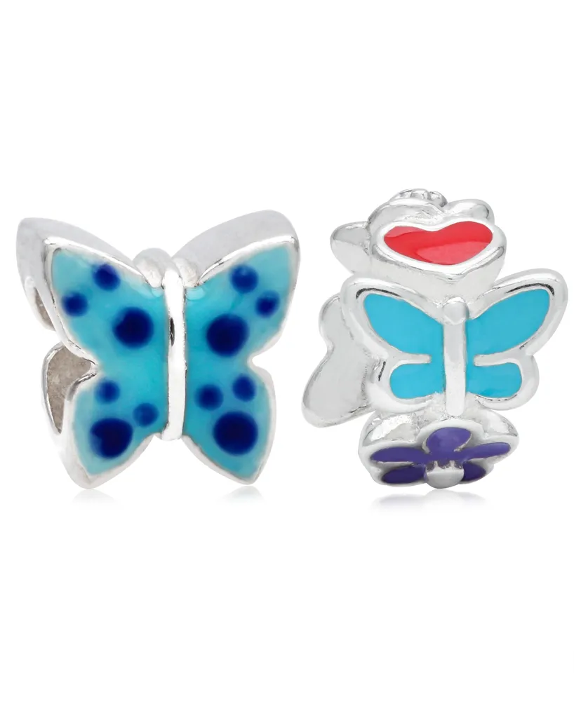 Rhona Sutton 4 Kids Children's Enamel Butterfly Flowers Bead Charms - Set of 2 in Sterling Silver