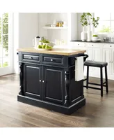 Crosley Oxford Butcher Block Top Kitchen Island With 24" Upholstered Saddle Stools