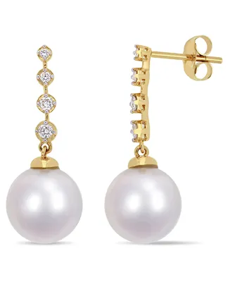 South Sea Cultured Pearl (10-10.5mm) and Diamond (1/6 ct. t.w.) Dangle Earrings in 14k Yellow Gold