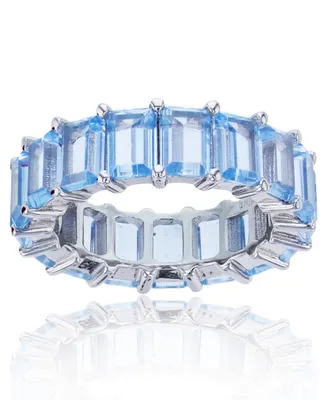 Created Light Blue Spinel Emerald Cut Eternity Band Rhodium Plated Sterling Silver