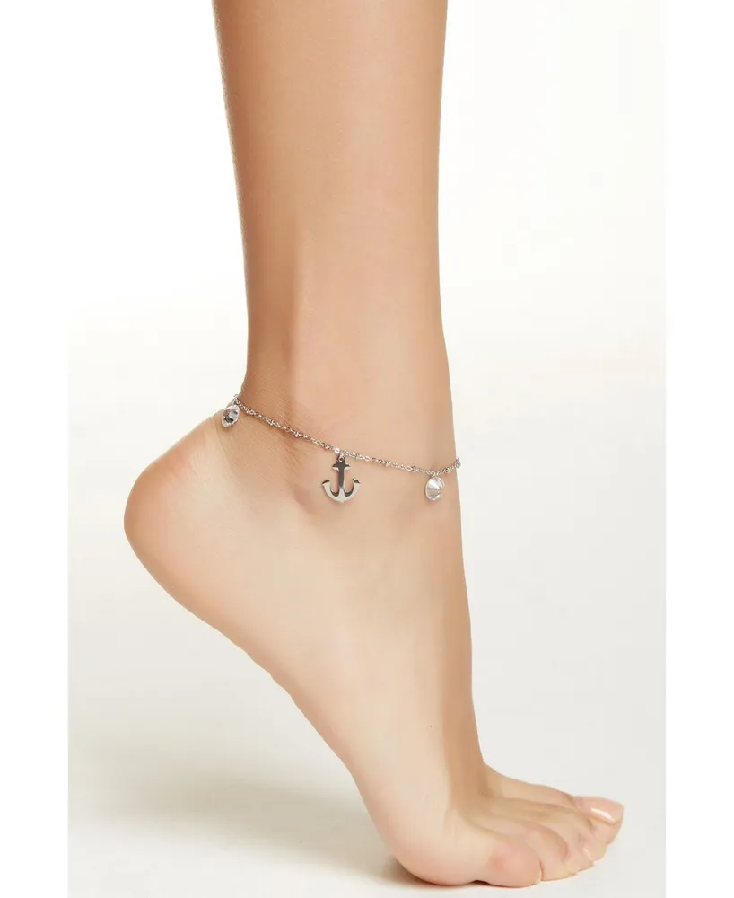 Steeltime Stainless Steel Anchor Charm Adjustable Anklet - Silver