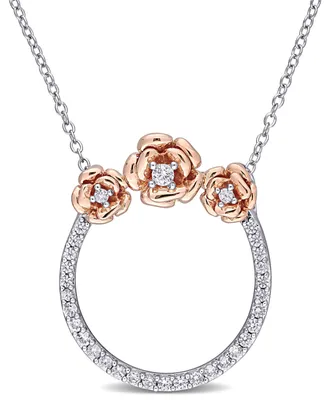 Lab Grown White Sapphire (3/5 ct. t.w.) Rose Floral Open Circle Necklace in Two-Tone Sterling Silver