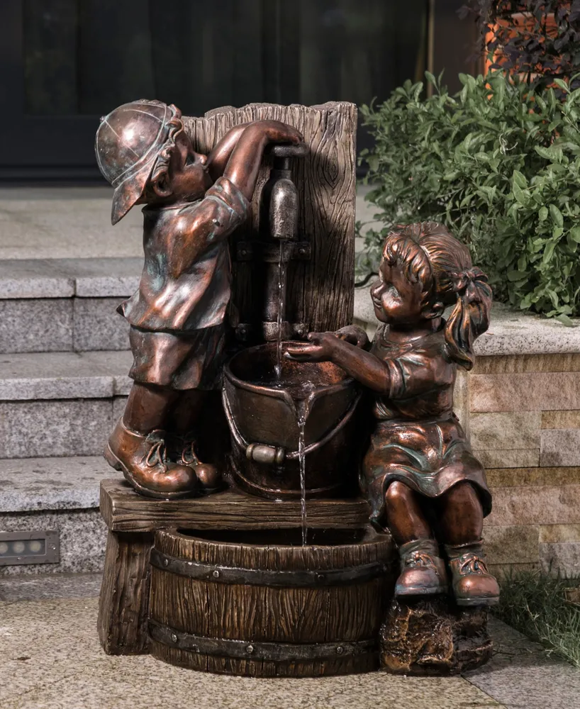 Glitzhome Boy and Girl Sculptural Outdoor Fountain with Pump and Led Lights, 25.5"