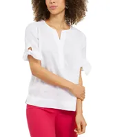 Charter Club Petite 100% Linen Split-Neck Tie Sleeve Top, Created for Macy's