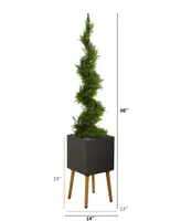Nearly Natural 5.5ft. Cypress Artificial Spiral Topiary Tree in Black Planter with Stand