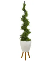 Nearly Natural 6ft. Cypress Artificial Spiral Topiary Tree in White Planter with Stand