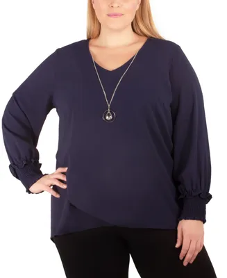 Plus Long Sleeve Overlapping Crepe Top with Necklace
