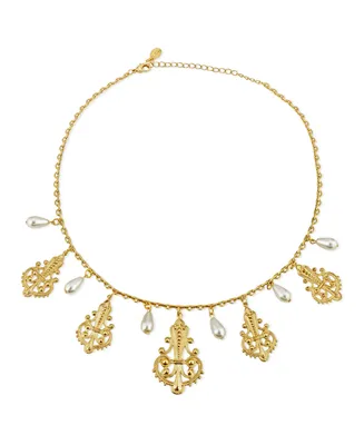 2028 Tone Filigree Drop with Pearl Drop Necklace - Gold