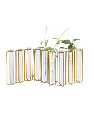 9 Tests Tube Vases in Metal Stand, Clear and Gold