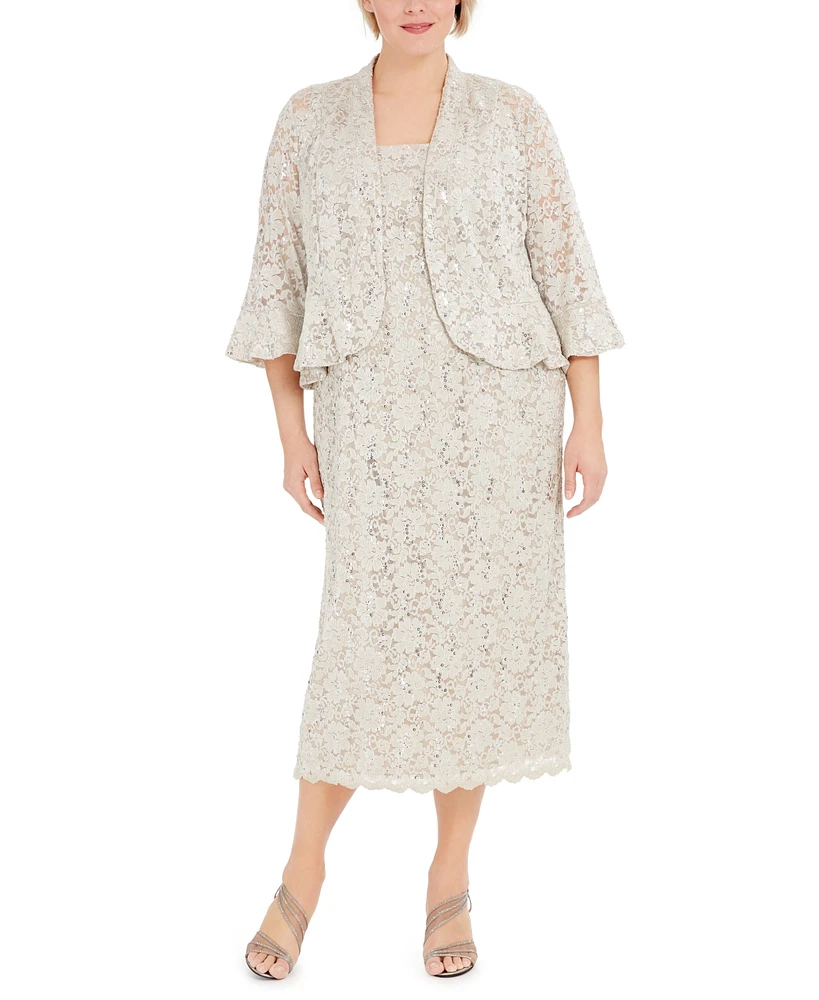 R & M Richards Plus Lace Dress Ruffled Jacket