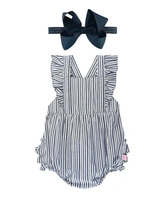 RuffleButts Baby Girl Navy Stripe Romper and Bow Headband Set