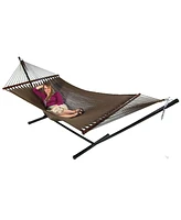 Polyester Rope Double Hammock with 15-Foot Steel Stand - 400-Pound Capacity Red