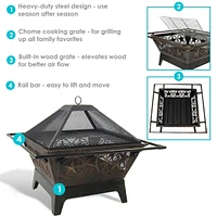 Sunnydaze Decor Northern Galaxy 32-Inch Heavy-Duty Square Fire Pit with Cooking Grill Grate, Spark Screen, and Fireplace Poker