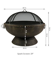 30-Inch Large Outdoor Fire Pit - Wood Burning Fire Pit for Outside with Poker and Screen - Black Finish - Regal Cauldron