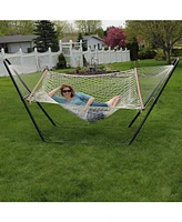 Cotton Double Wide Rope Hammock with Spreader Bars and Multi-Use Steel Stand - 450 Pound Capacity - Natural