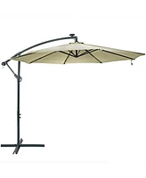 Sunnydaze Decor 10-Foot Offset Cantilever Solar Patio Umbrella - Features Outdoor Led Lights, Crank, and Cross Base Beige