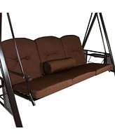 3-Person Steel Patio Swing Bench with Adjustable Tilt Canopy - Cushions and Pillow Included - Brown