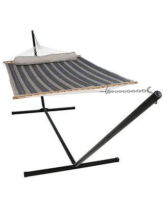 Quilted Double Hammock with 15-Foot Steel Stand - 400-Pound Weight Capacity Black Ocean Isle