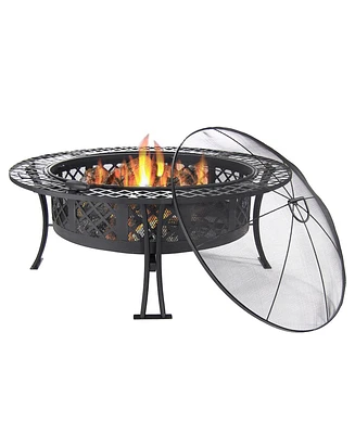 Sunnydaze Decor 40-Inch Round Steel Fire Pit Table with Durable Spark Screen and Poker - Portable Design - Black